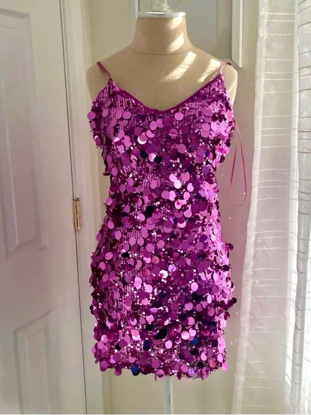 Fuchsia Sequin Mini Dress with Spaghetti Straps